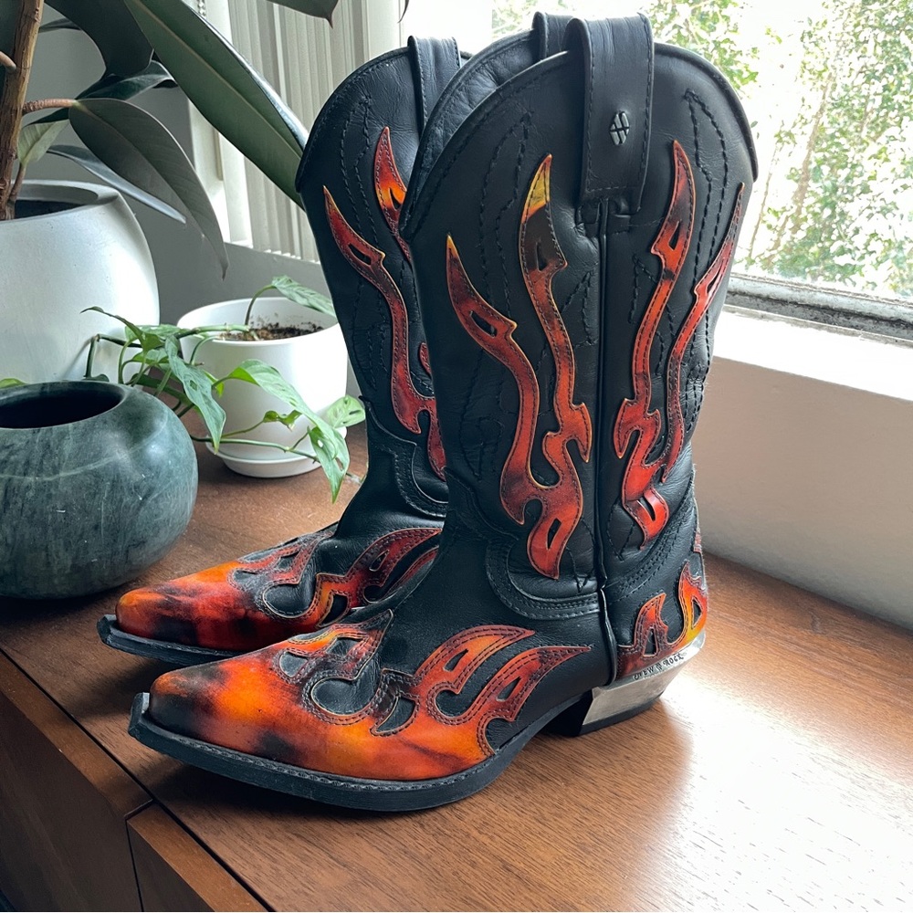 New Rock Flame Leather Cowboy Boots